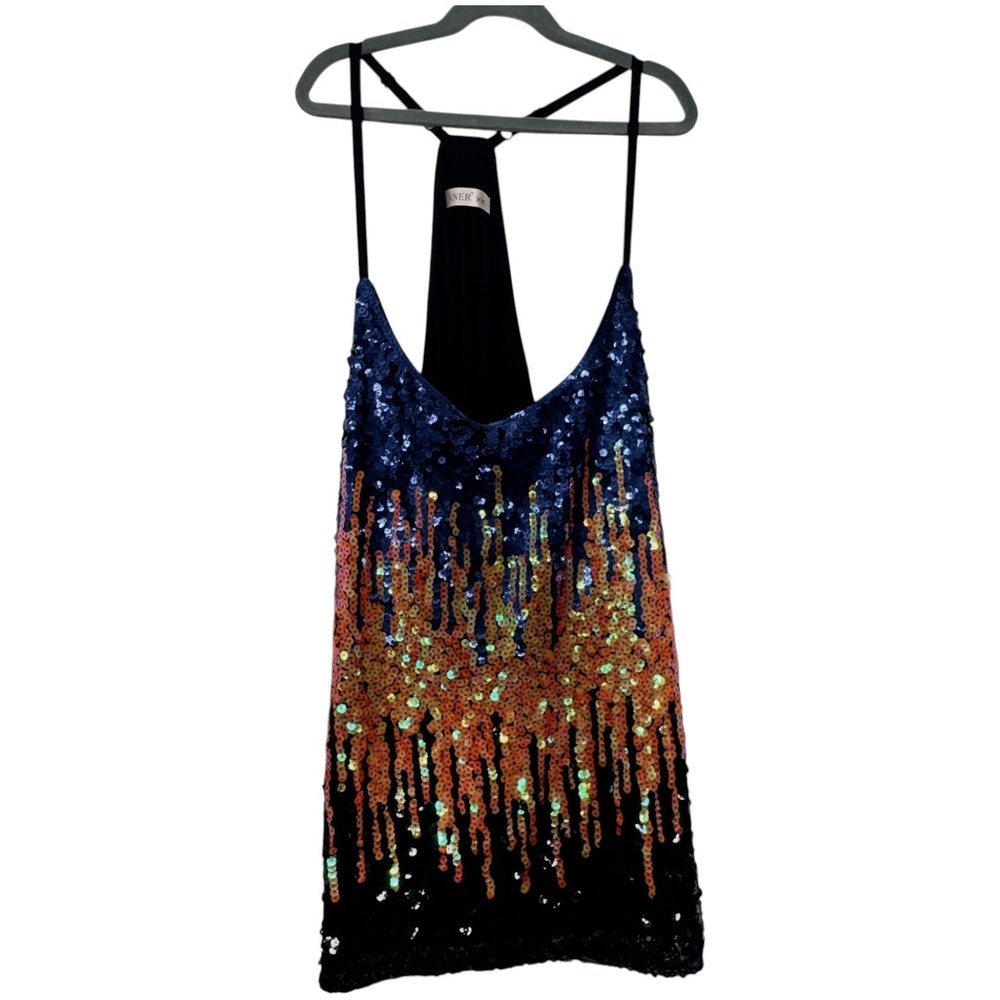 MANER Sz XXL Ombré Sequin Mini Dress Navy Orange Gold Black Disco NYE Glam Chic